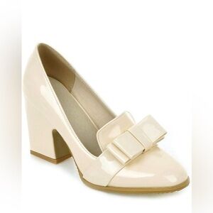 Women’s fashion chunky high block heel pump square toe bowtie leather slip-on